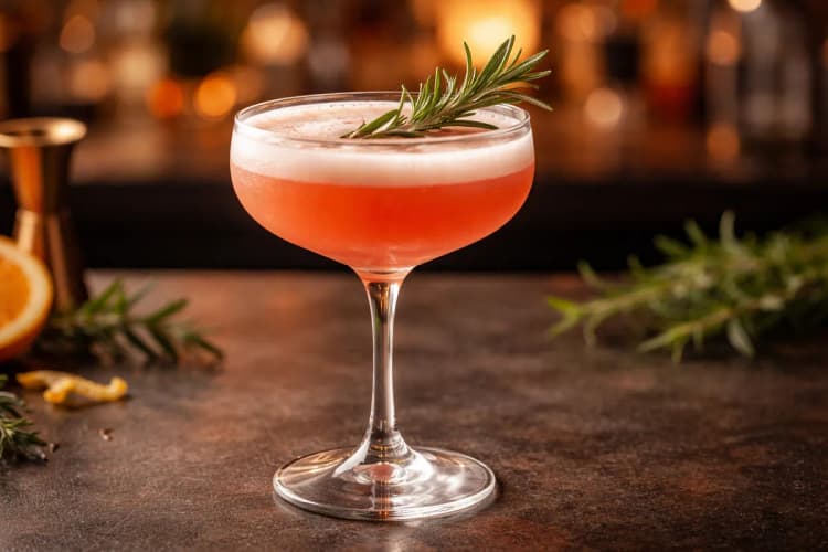 A Gypsy Eyes in a coupe with a rosemary sprig.