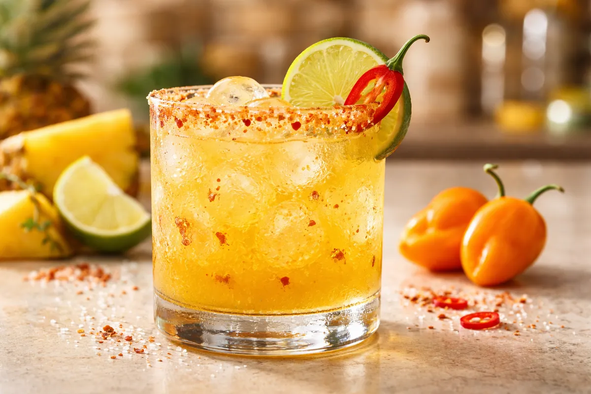 A Habanero & Pineapple Margarita in a rocks glass with visible spice elements and garnish.