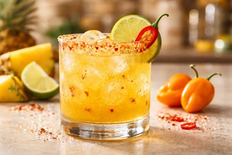 A Habanero & Pineapple Margarita in a rocks glass with visible spice elements and garnish.