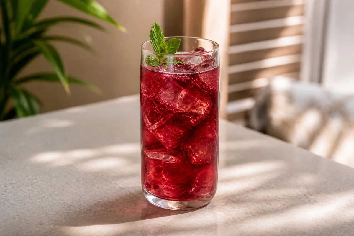 Hibiscus Cooler in a highball over ice, deep ruby red, mint or orange peel.