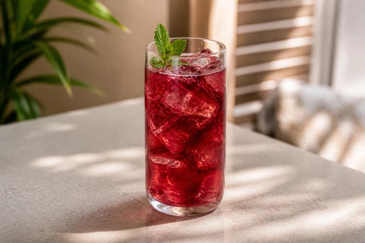 Hibiscus Cooler in a highball over ice, deep ruby red, mint or orange peel.