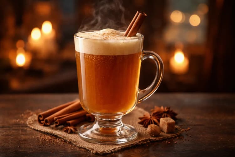 A Hot Buttered Rum in a glass mug with a cinnamon stick.