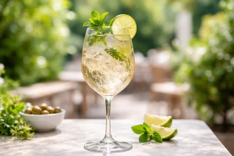 A Hugo Spritz in a wine glass with mint and lime.