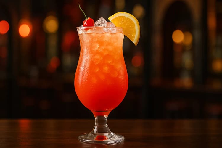 A Hurricane in a curved glass with passionfruit garnish.