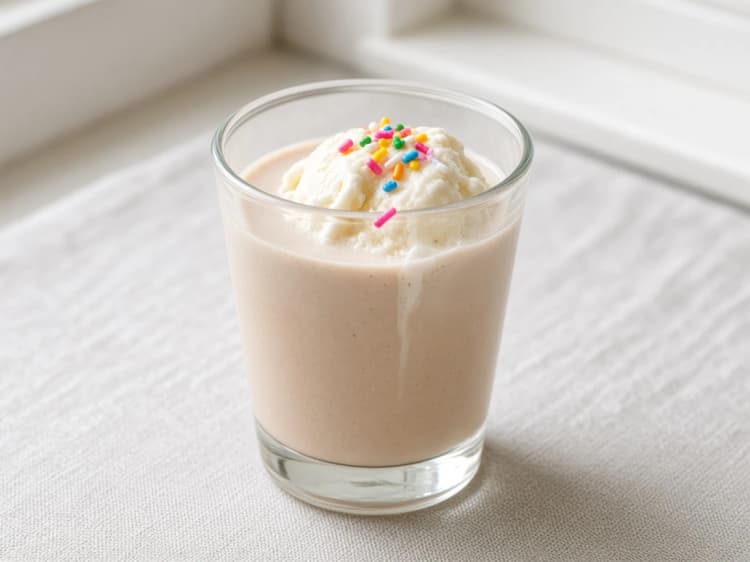 Ice Cream Cake Shot in a shot glass, pale cocoa, a small melting scoop of vanilla ice cream and rainbow sprinkles.