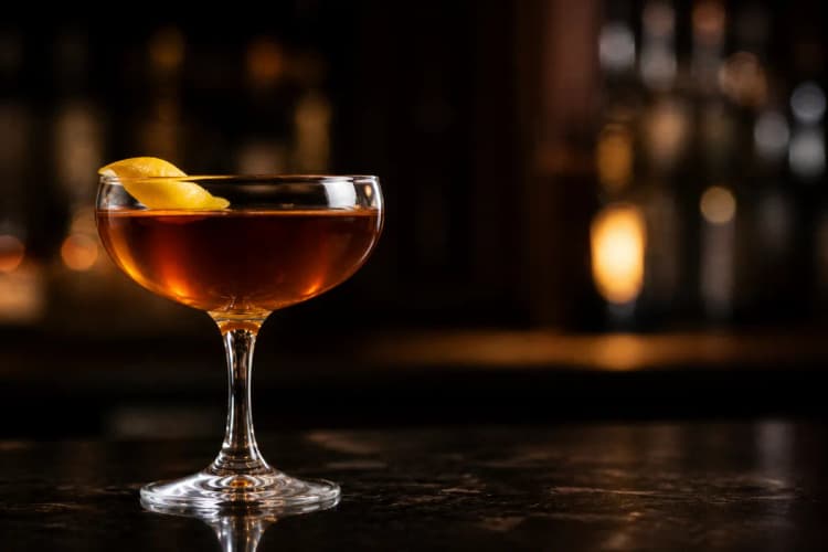Improved Whiskey Cocktail served in a chilled coupe, amber in color, garnished with a lemon twist.