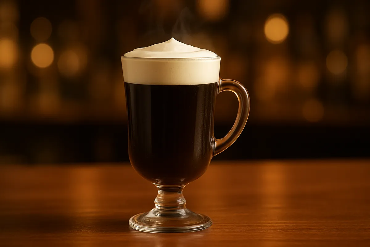 A classic Irish Coffee in a footed mug with a cream float.