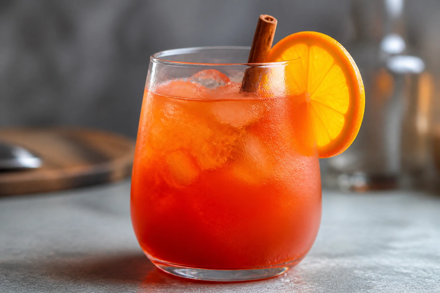 Jack-o'-Lantern Punch in a punch cup over ice, bright orange-red rum punch with orange and cinnamon.