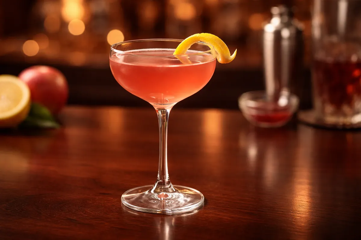 A coupe of Jack Rose with a soft red tint and a lemon twist.