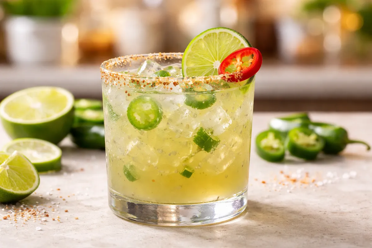 A Spicy Jalapeño Margarita in a rocks glass with visible spice elements and garnish.
