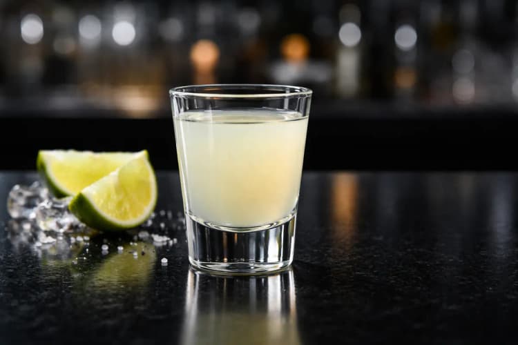 A Kamikaze Shot with pale citrus tint.