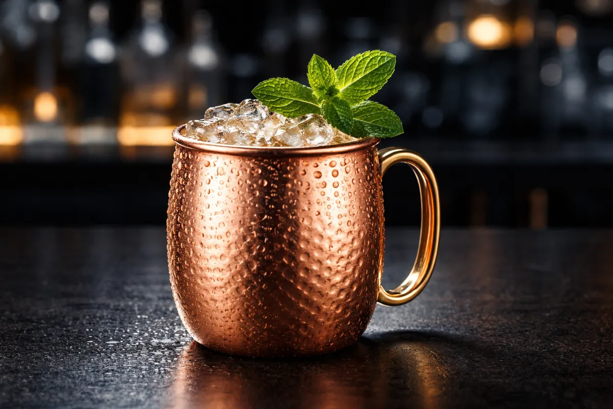 A Kentucky Mule in a copper mug with mint and lime garnish.