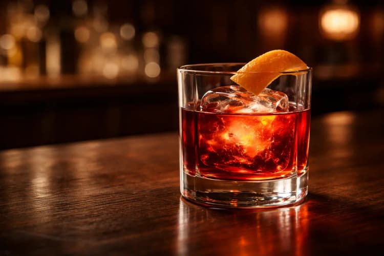 A Kingston Negroni in a rocks glass with a large ice cube and orange peel.