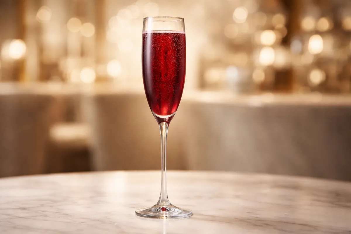 A tall flute of Kir Royale with deep ruby tint and rising bubbles.