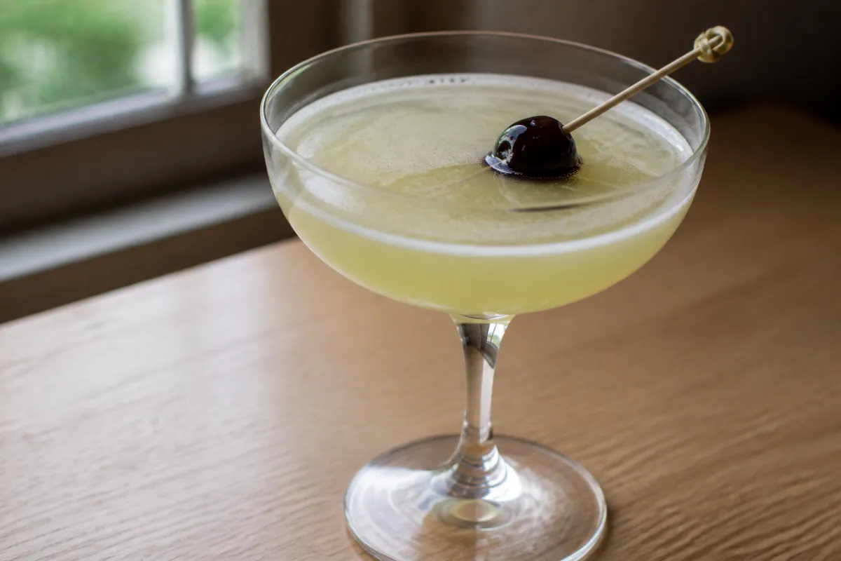 A coupe of Last Word with a pale green tint and a maraschino cherry.
