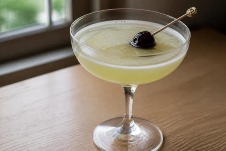 A coupe of Last Word with a pale green tint and a maraschino cherry.