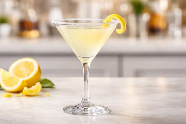 A chilled cocktail glass of Lemon Drop with a sugared rim and lemon twist.