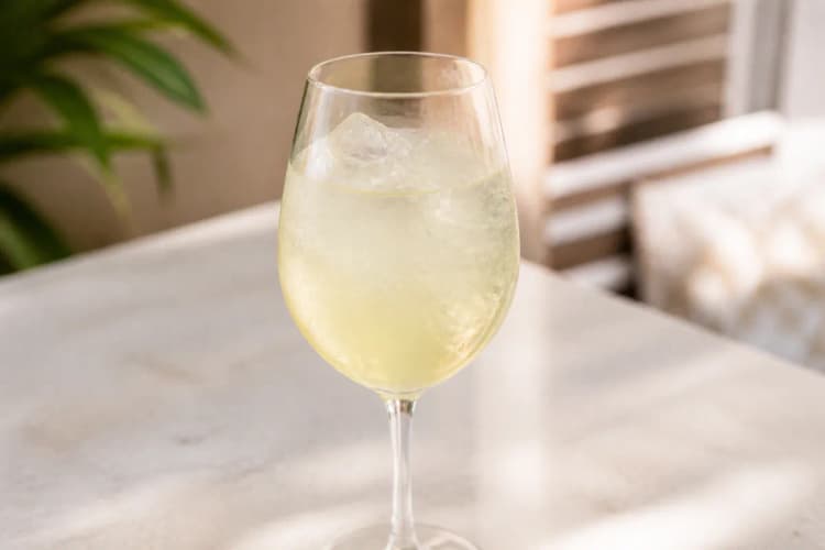 Limoncello Spritz served in a wine glass over ice, pale lemon yellow, garnished with a lemon wheel.
