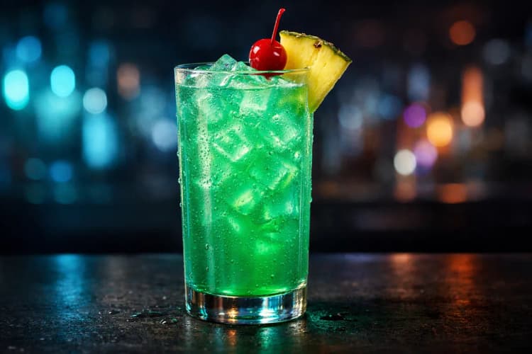 A Liquid Marijuana in a highball glass with a bright teal-green color.