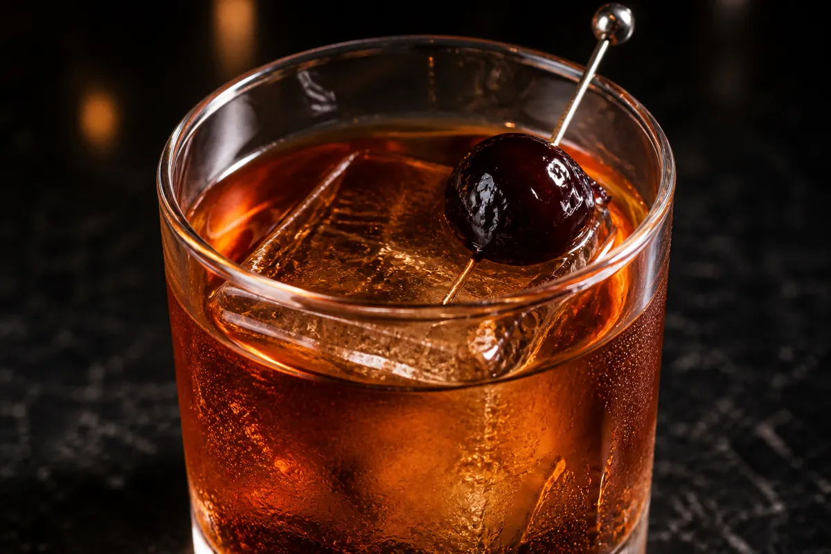 Little Italy served in a rocks glass over a large ice cube, dark amber in color, garnished with a cherry.