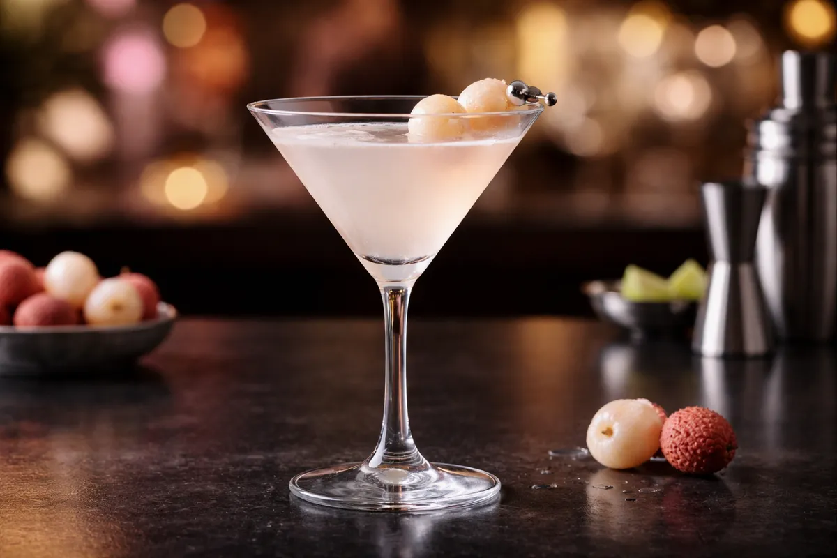 A Lychee Martini in a cocktail glass with a whole lychee garnish.