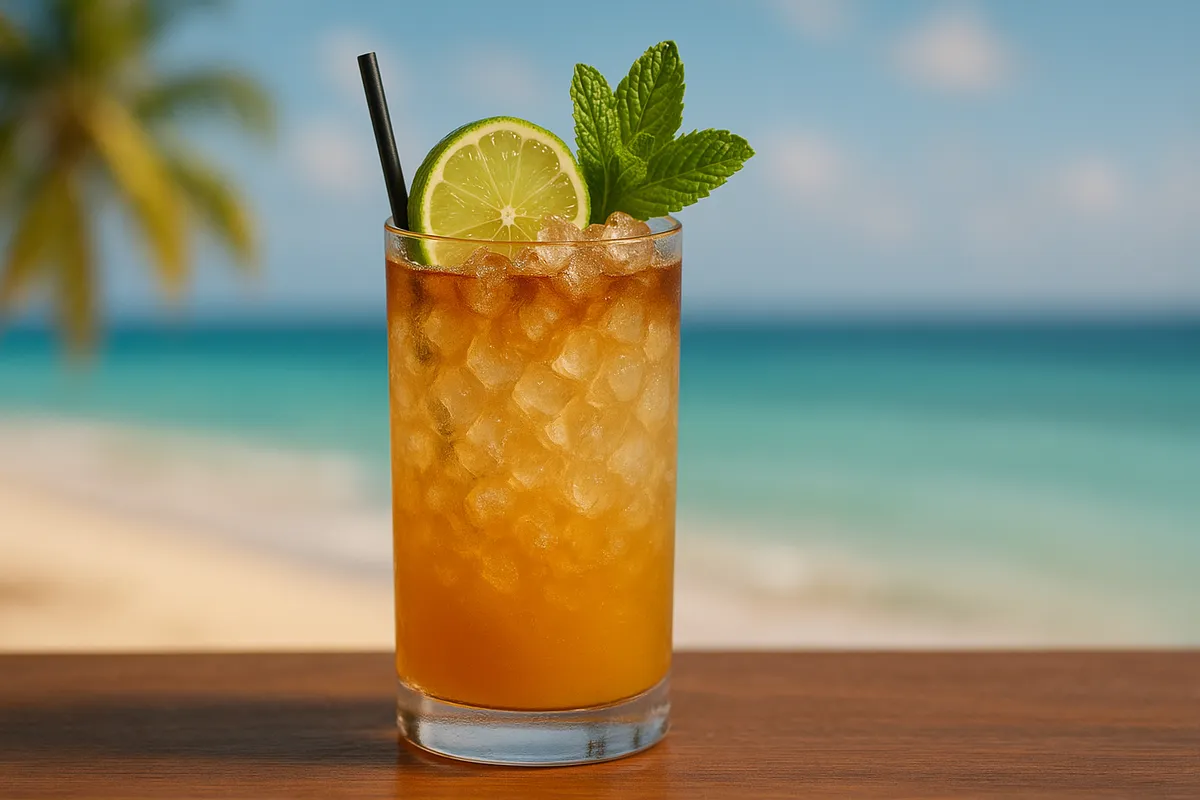 A Mai Tai in a double old-fashioned glass packed with crushed ice, mint bouquet, and lime shell on a tropical bar.