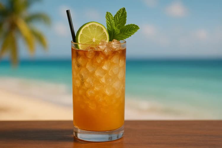 A Mai Tai in a double old-fashioned glass packed with crushed ice, mint bouquet, and lime shell on a tropical bar.