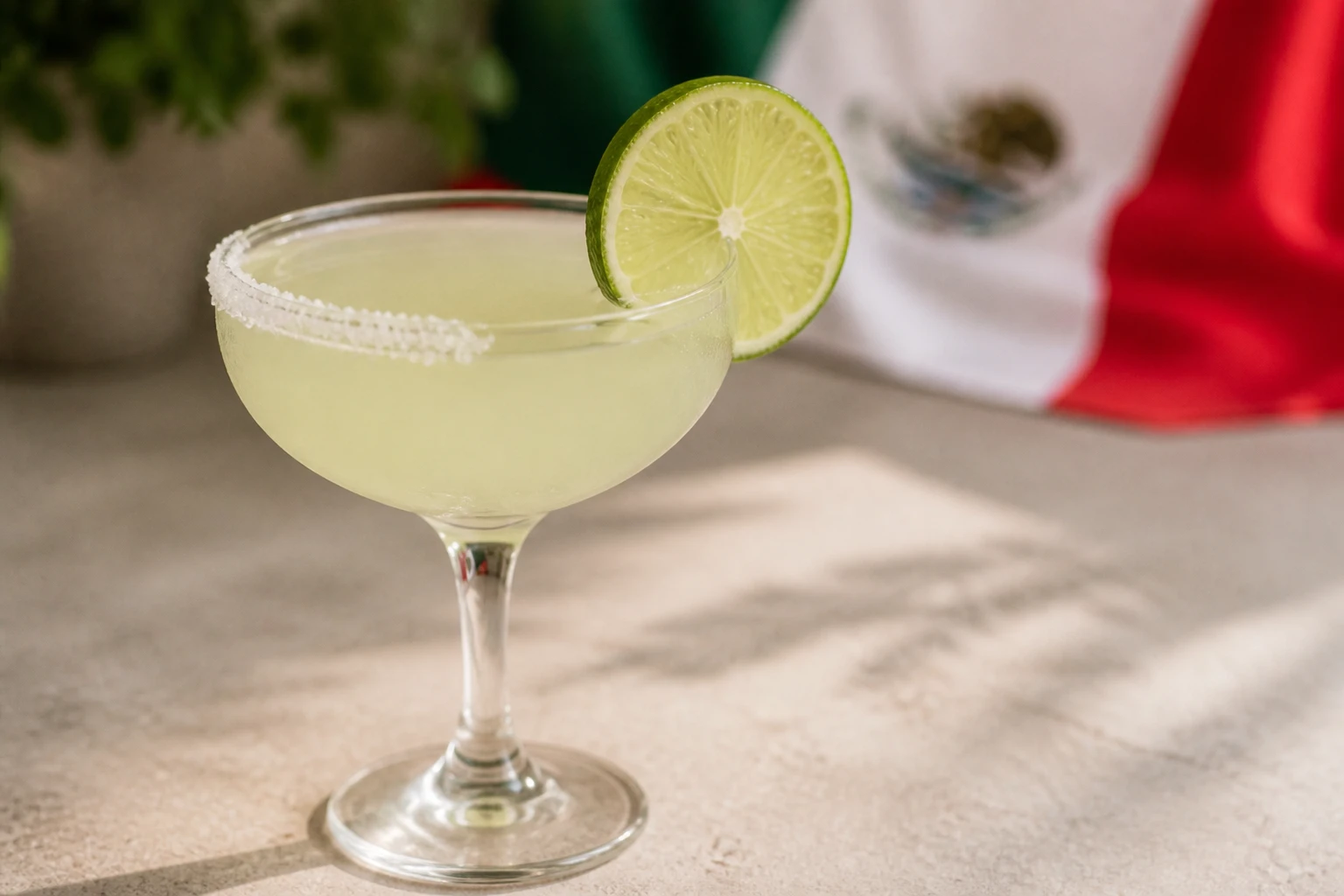Margarita in a coupe with a half salt rim and lime wheel, soft Mexican flag in the background.
