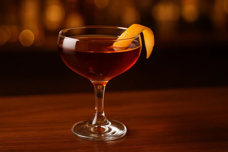 A coupe of Martinez with a rich amber tone and an expressed orange twist.