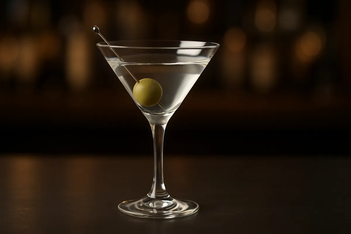 A clear dry Martini in a V-shaped cocktail glass with a thin lemon twist resting on the rim.
