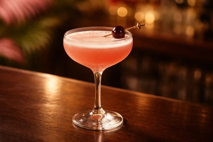 A Mary Pickford in a coupe with a pale pink hue and cherry garnish.