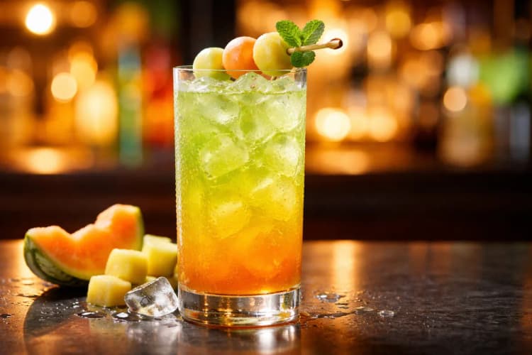 A Melon Ball in a highball glass with a melon ball garnish.