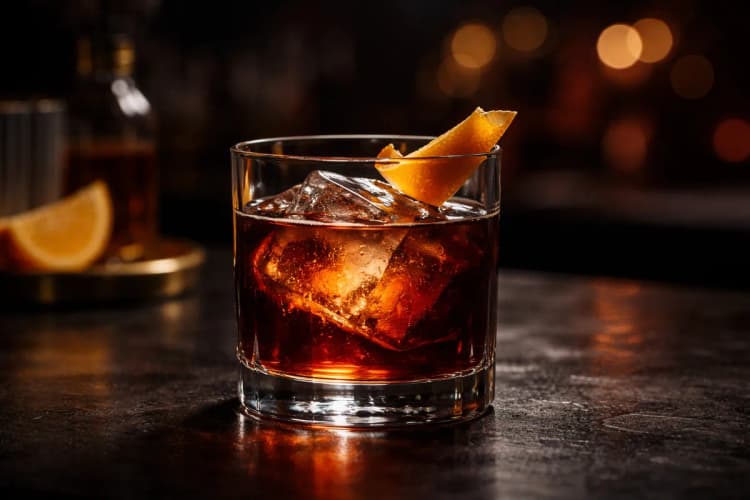 A Mezcal Negroni in a rocks glass with an orange peel.