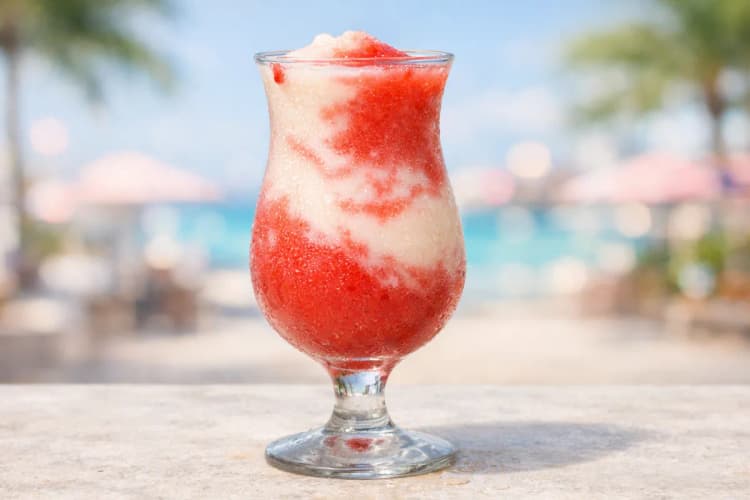 A Miami Vice in a hurricane glass showing distinct red and white swirls.