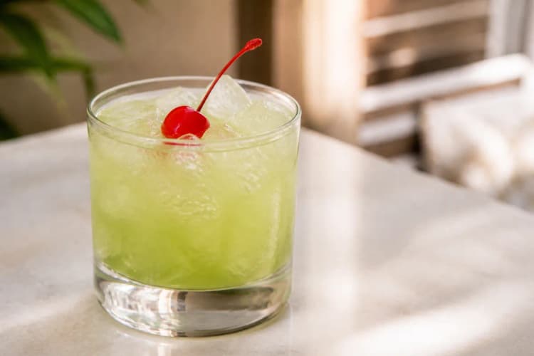 Midori Sour served in a rocks glass over ice, bright green, garnished with a lemon wheel.