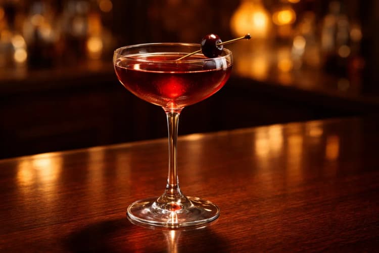 A Millionaire #1 in a coupe with cherry garnish.