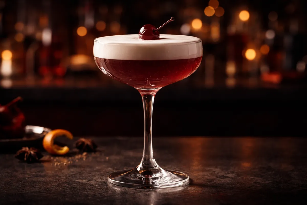 A Millionaire #4 in a coupe with thick foam and cherry garnish.