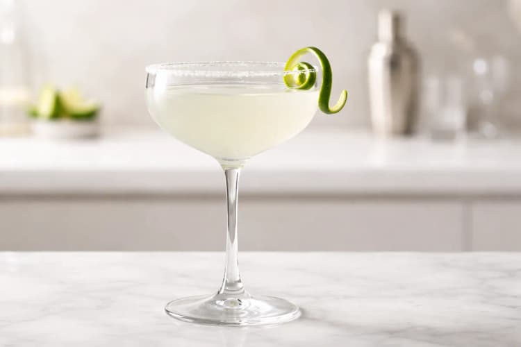 A Minimalist Margarita in a coupe with a lime twist.