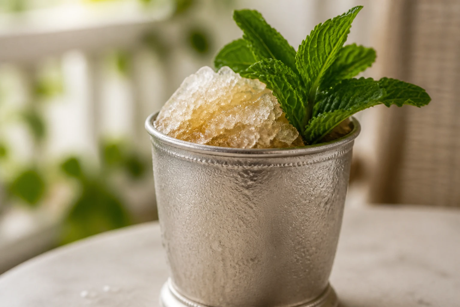 Mint Julep in a frosted silver julep cup packed with shaved ice and a mint bouquet.