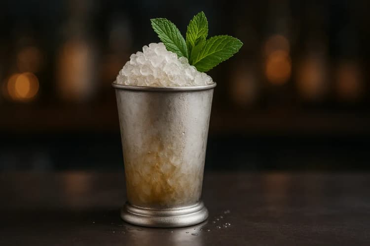 A frosted silver julep cup packed with crushed ice and a mint bouquet.