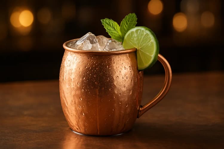 A frosty copper mug filled with a Moscow Mule over ice, garnished with a lime wheel and condensation on the outside.