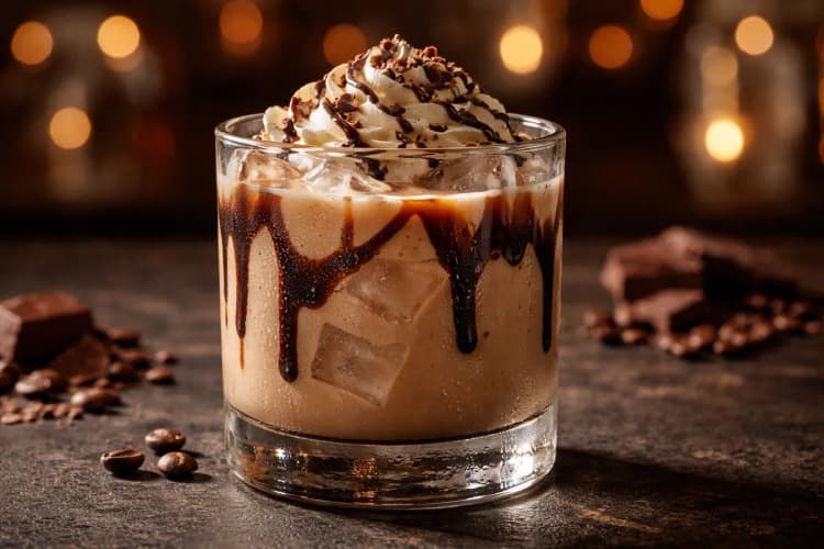 A Mudslide served over ice with a chocolate drizzle.