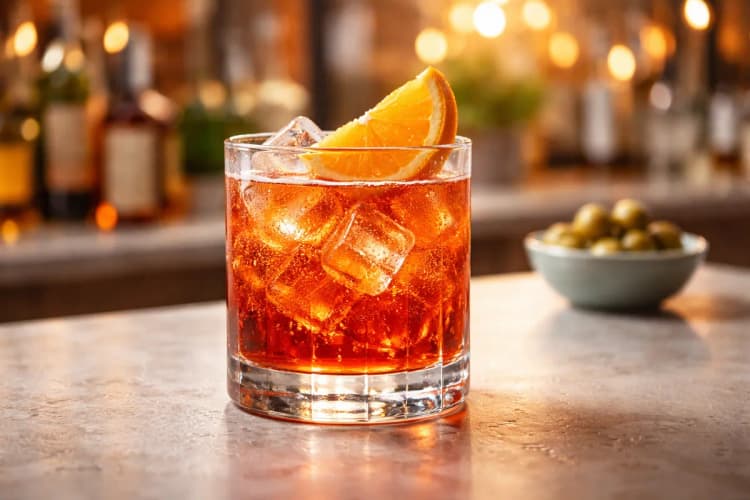 A Negroni Sbagliato in a rocks glass with ice and orange slice.