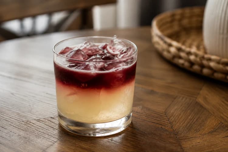 New York Sour served in a rocks glass over ice with a red wine float and pale sour body.