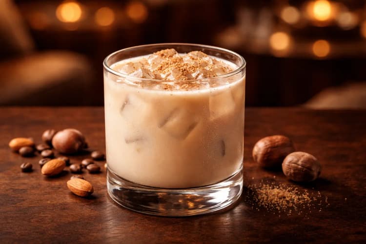 A Nutty Irishman served over ice with a nutmeg dusting.