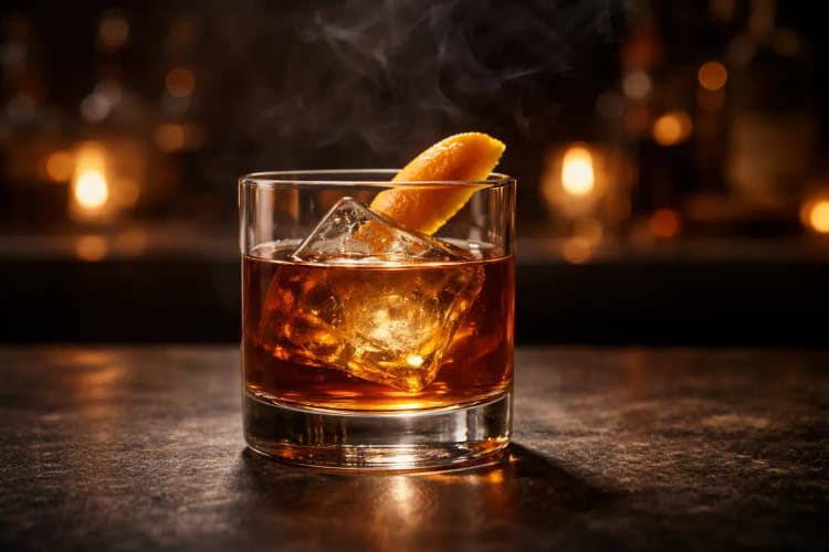 A rocks glass Oaxaca Old Fashioned on a large cube with orange peel.