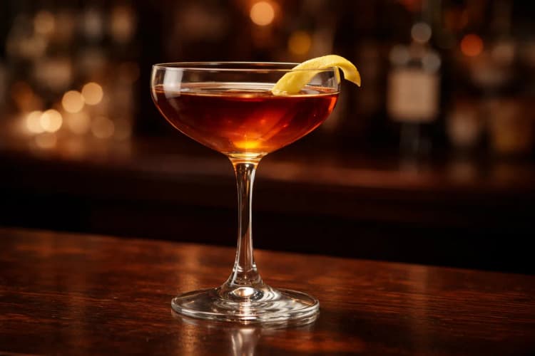 An Old Hickory in a coupe with a lemon twist.