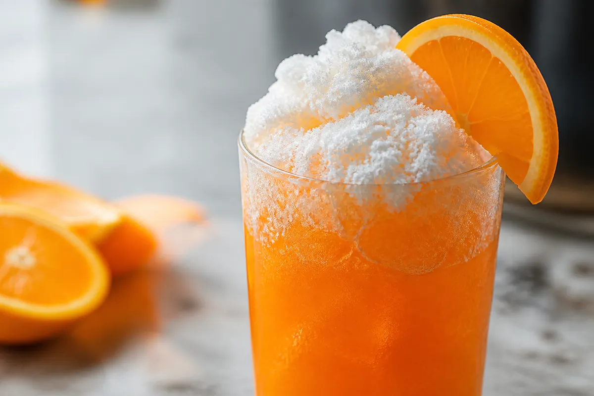 A bright orange Orange Crush in a pint glass packed with crushed ice.