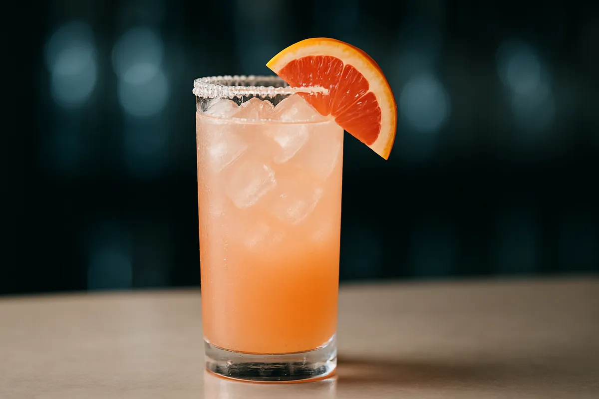 A tall highball of Paloma with a salted rim and grapefruit wedge.