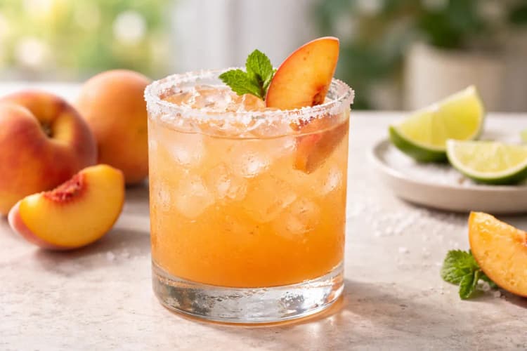 A Peach Margarita in a rocks glass with fresh peach garnish.